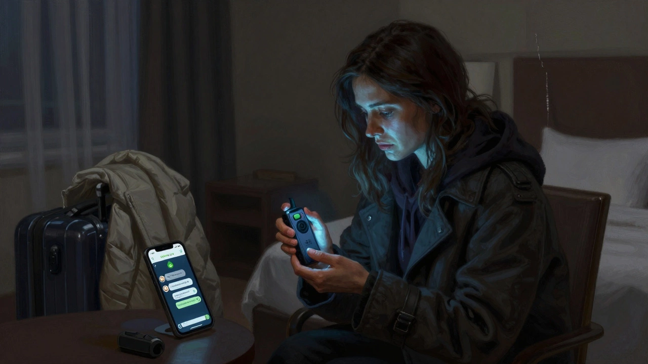 A woman holds a GPS tracker in a dim hotel room, phone showing encrypted safety messages.
