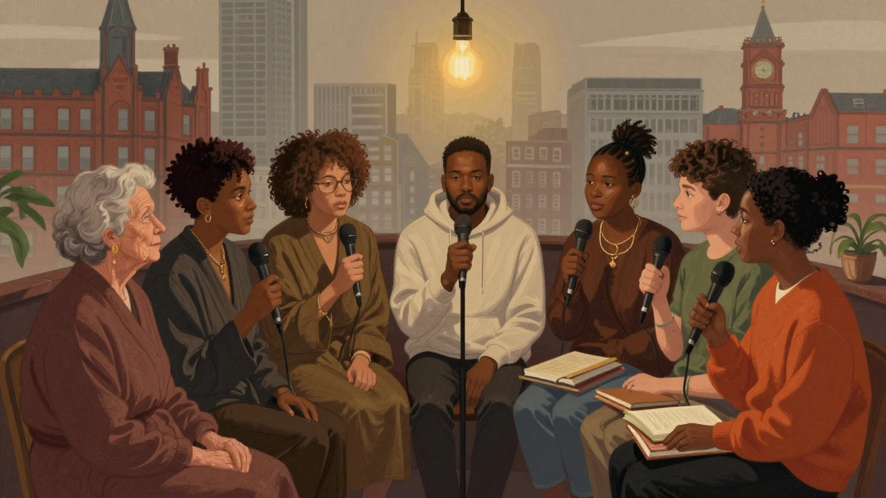 Diverse sex workers in a circle, each holding a microphone, illuminated by a single bulb, cityscapes blurred behind them.