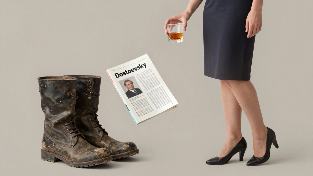 Two pairs of shoes and floating books represent a woman’s dual life as teacher and escort.
